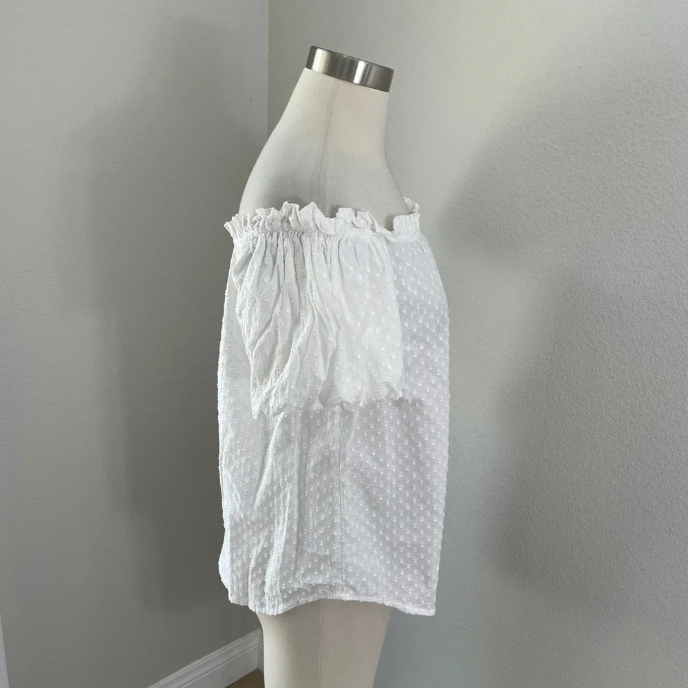 Maeve Anthropologie Womens 4 White Swiss‎ Dot Off The Shoulder Puff Sleeve Top